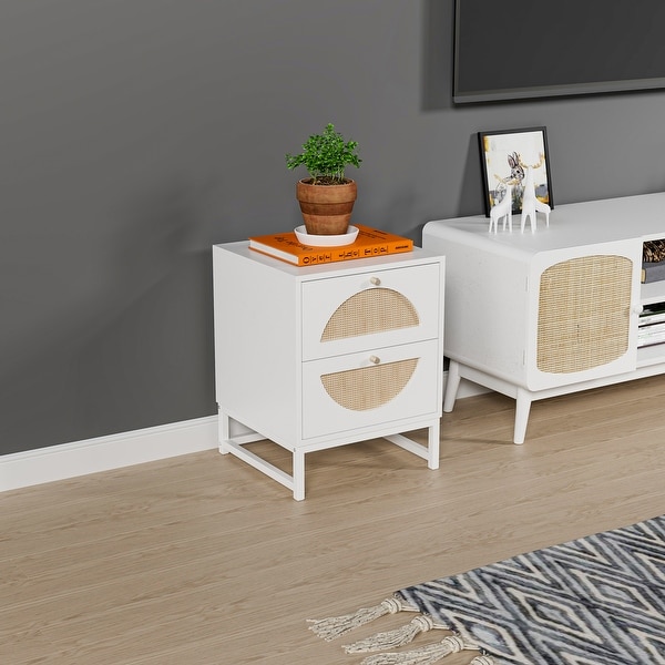 Allen 2 Drawer Nightstand Set of 2,White,Natural Rattan,Display Rack for Bedroom and Living Room