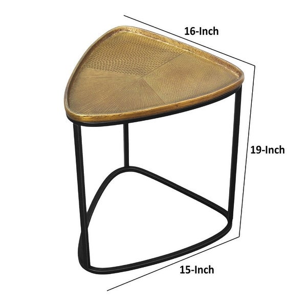 19 Inch Aluminum Side End Table, Iron Frame, Guitar Pick Shaped Top, Antique Brass, Black - 18.6 H x 14.7 W x 15.6 L I