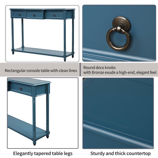 Console Sofa Table with Projecting Drawers and Long Shelf, Antique Navy