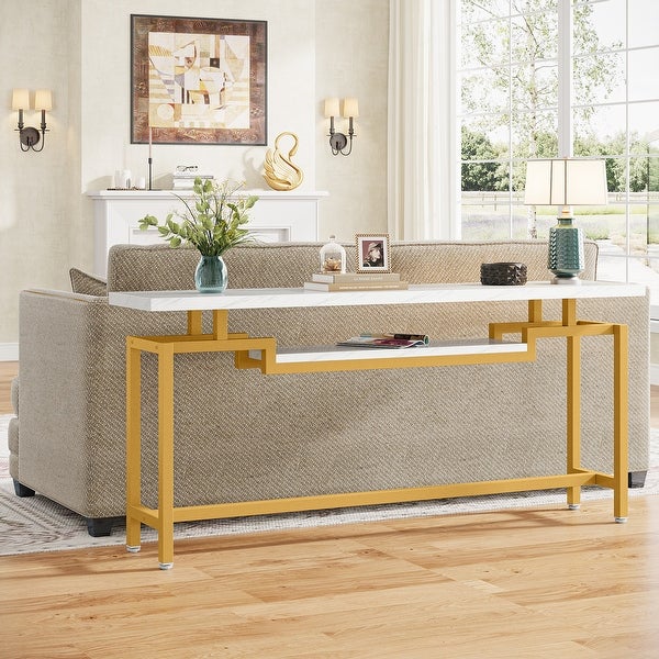 Brown/ Black 70.86 Inches Industrial Extra Long Console Entryway Table, White/ Gold Modern 2-Tier TV Stand