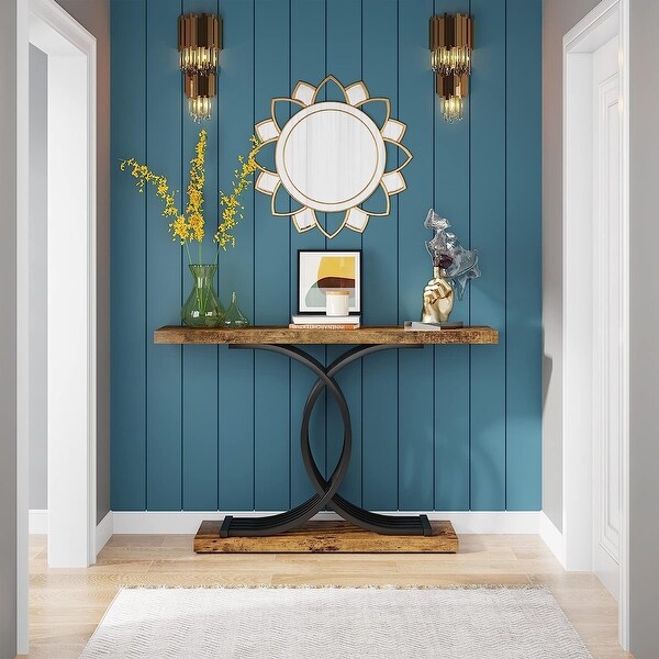 Console Table, Faux Marble Hallway Table with Geometric Metal Legs - 11.81