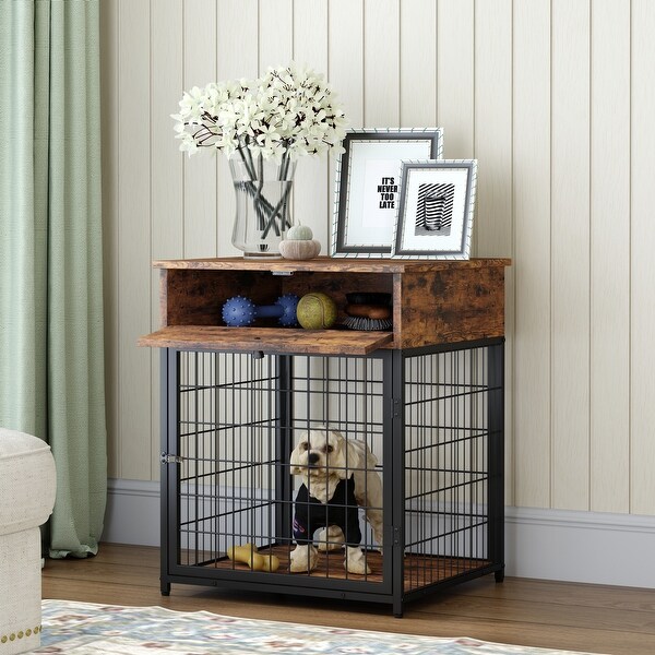 Furniture Style Wood,with Dog Crate,End Table with Storage Console(Rustic Brown; 19.69''w x 22.83''d x 26.97''h) - 26.97