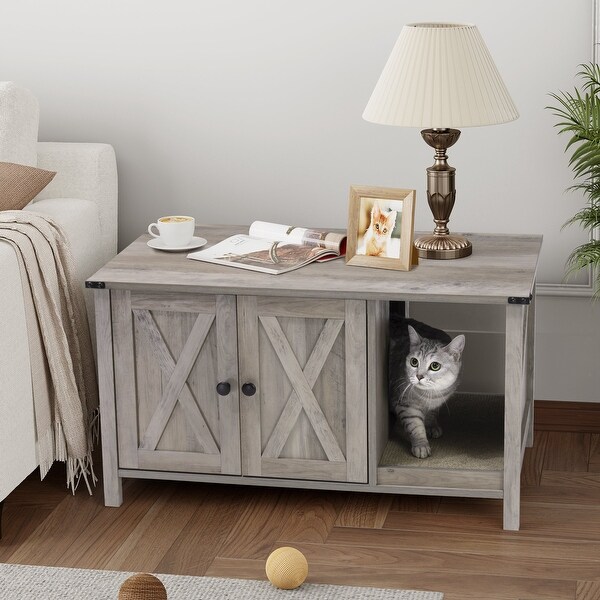 Cat Litter Box Enclosure, Hidden Wood Cat Washroom Furniture with Scratching Post - 33.6