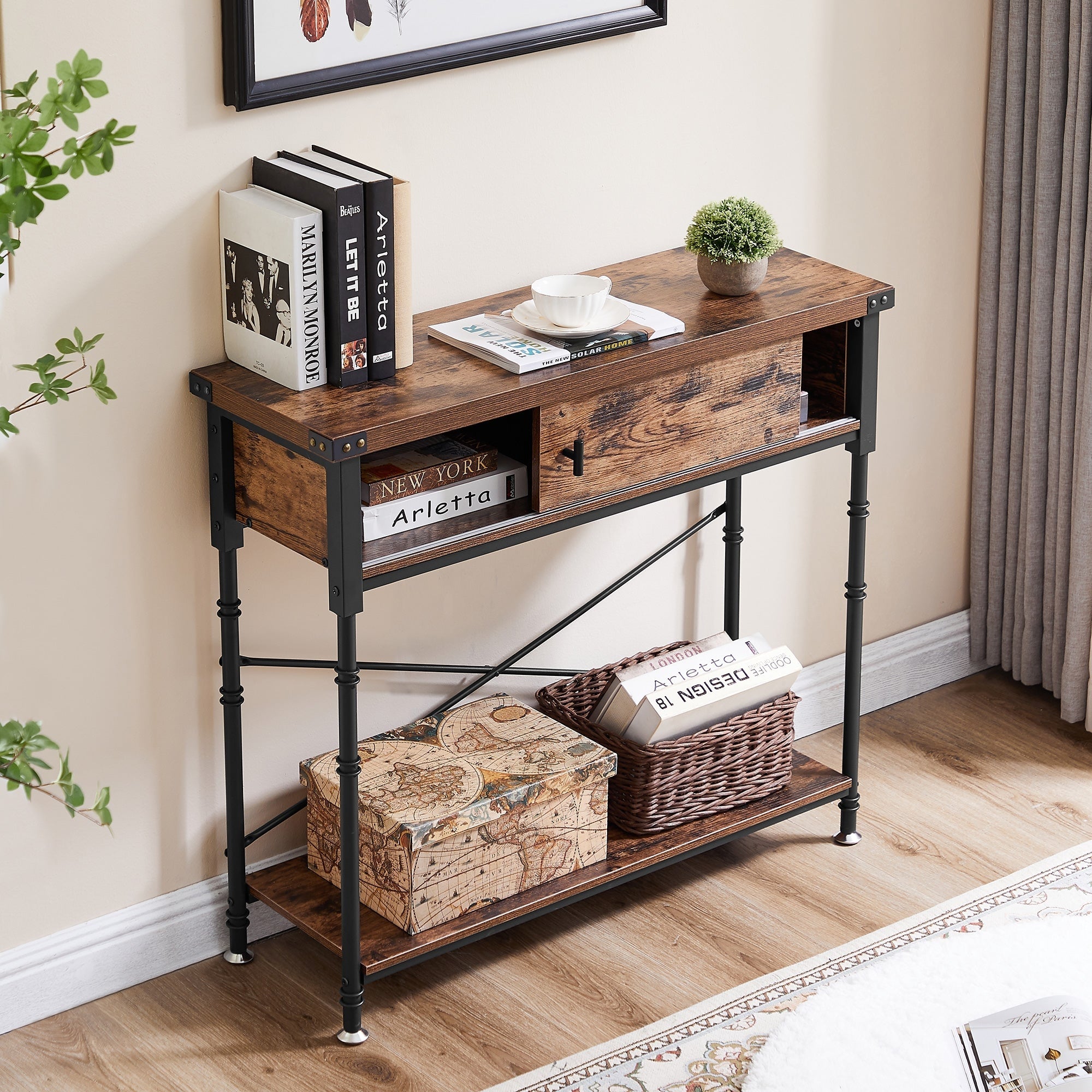 VECELO, Taomika Industrial Rustic Entryway/Console Sofa Table