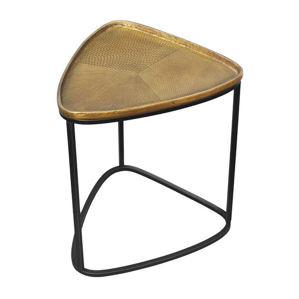 19 Inch Aluminum Side End Table, Iron Frame, Guitar Pick Shaped Top, Antique Brass, Black - 18.6 H x 14.7 W x 15.6 L I