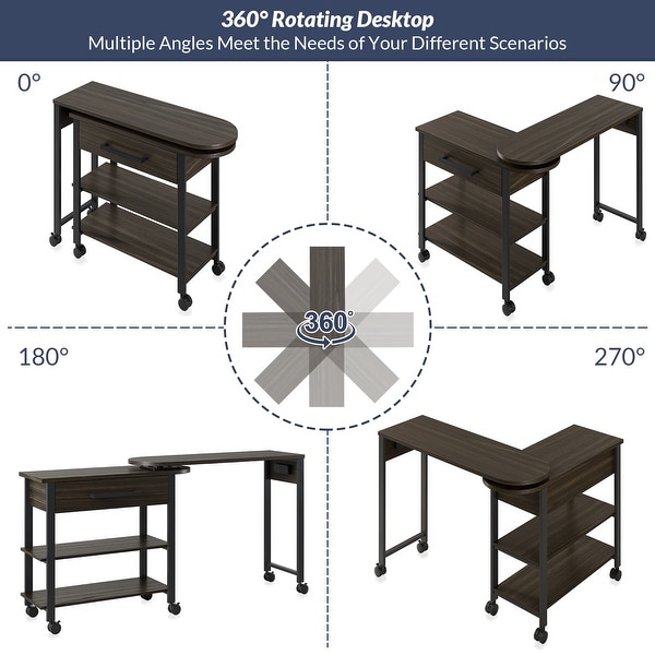 BELLEZE Margo Rotating Desk w/ Charge Station, Shelves, Drawer