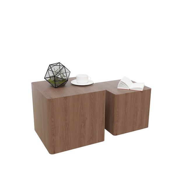 2 Piece Nesting Center Tables Wooden Square Coffee Tables Modern Geometrical Side Tables for Living Room, Bedroom