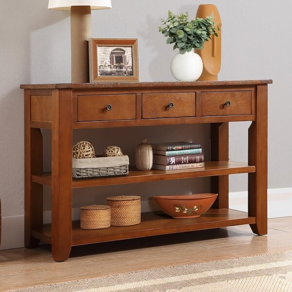 Solid Pine Wood Console Table Cabinet, Classic Vintage Design Entryway Side Table with 3 Storage Drawers and 2 Shelves