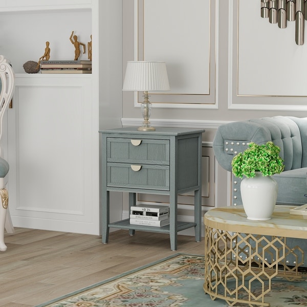2-Drawer Side Table with Storage Shelf, Traditional End Table, Narrow Telephone Nightstand for Living Room, Bedroom