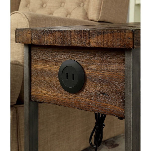Rectangular Wood and Metal Side Table with USB Outlet, Brown and Gray - 24 H x 20 W x 12 L Inches