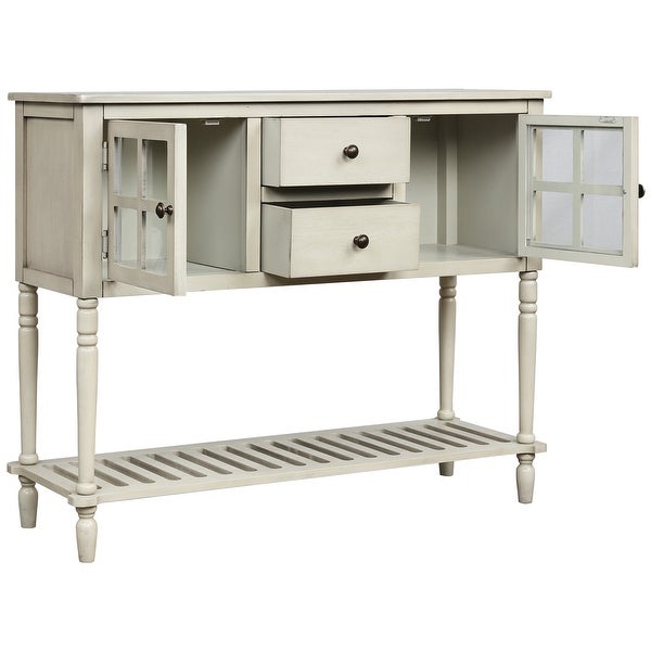 Farmhouse Distressed Sideboard Buffet Console Table with 2 Glass Front Cabinets, 2 Drawers and Slatted Bottom Shelf