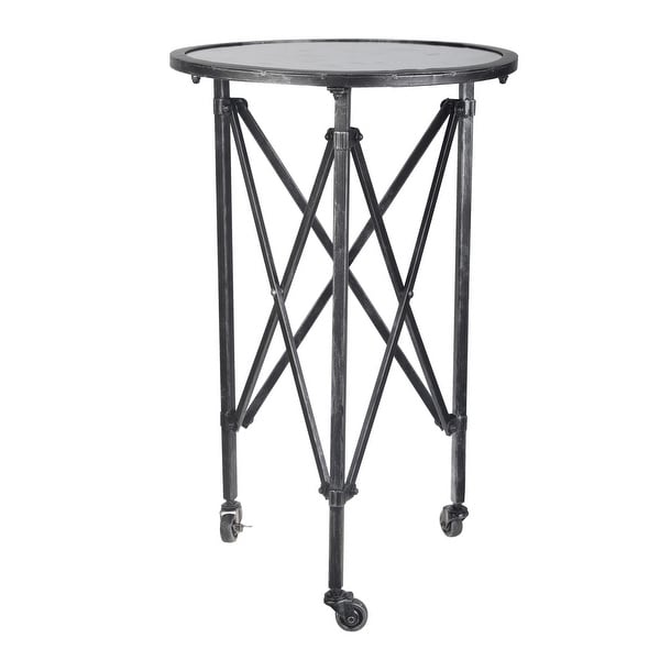 27 Inch Side Table, Round Metal Body, Glass Tabletop, 3 Wheels, Silver