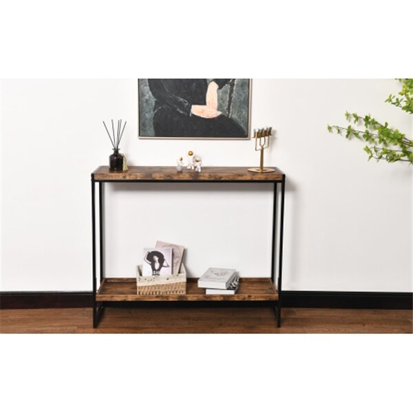 2-tiers Storage Shelf Console Table Antique Brown Rectangle End Table with Metal Frame Side Table for Living Room,Bedroom