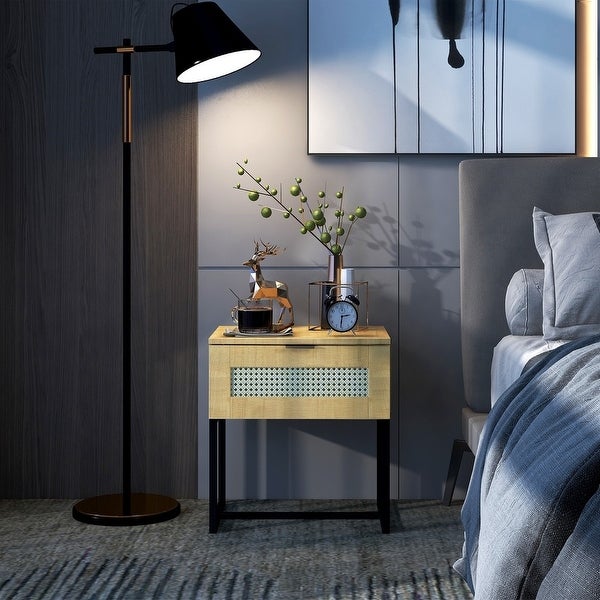 Nightstand, Side Table with Wicker Rattan