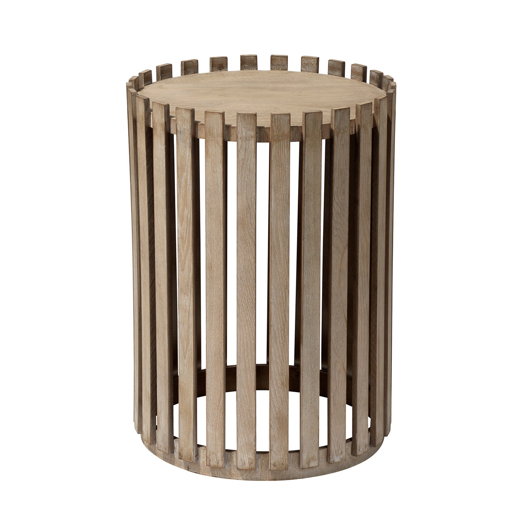 Side Table with Slatted Design Drum Silhouette, Washed brown