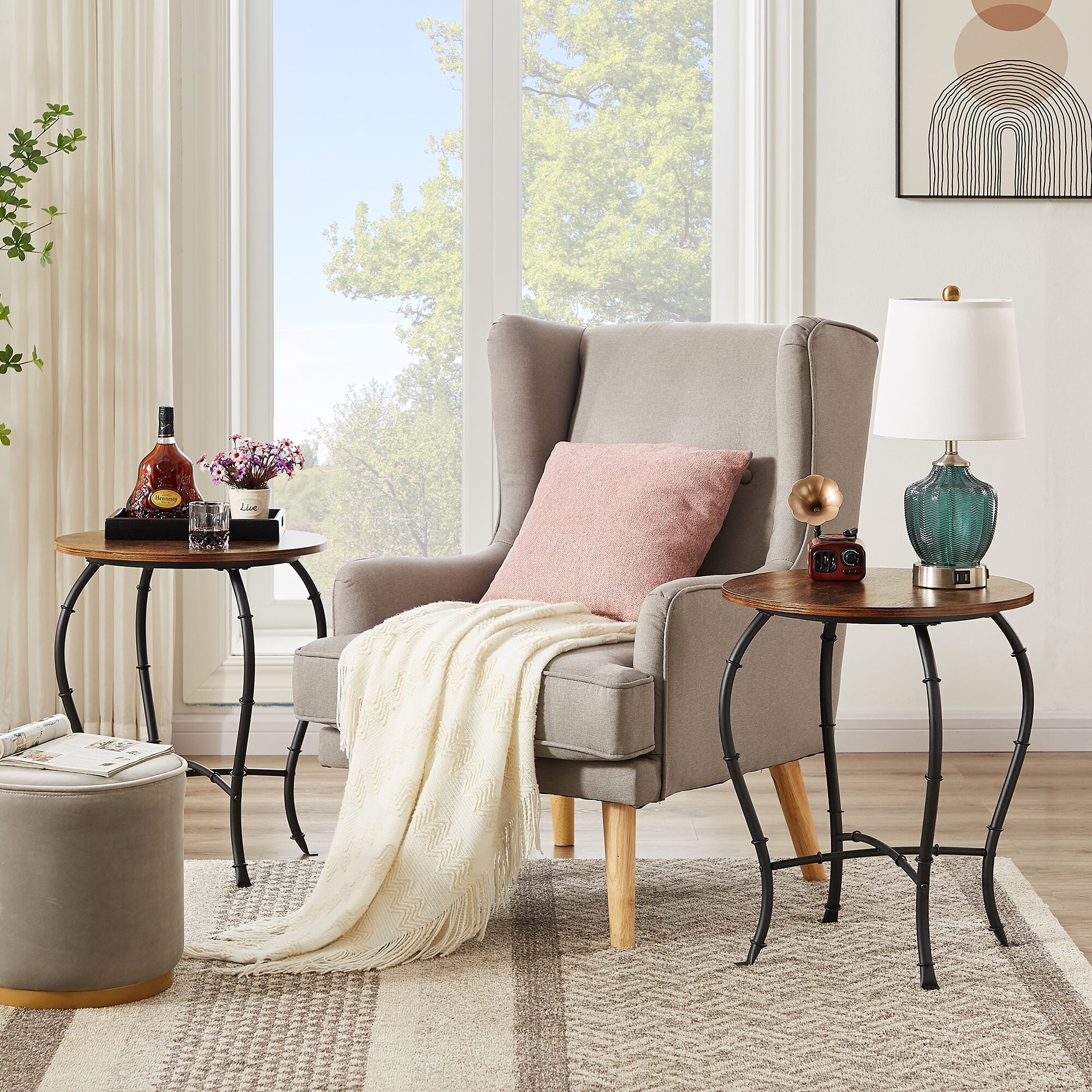 VECELO, ( Set of 2 ) Industrial Round Side Table/End Table, Rustic Brown