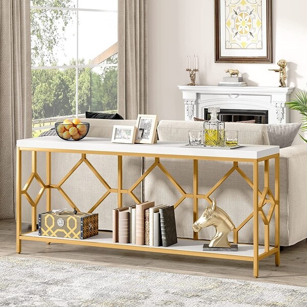 71 Inch Extra Long Console Table, Industrial Narrow Sofa Table Entry Table Behind Couch Table with Open Storage Shelf