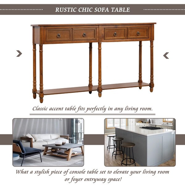 Rectangular Console Table Sofa Table with Drawers and Long Shelf, Walnut
