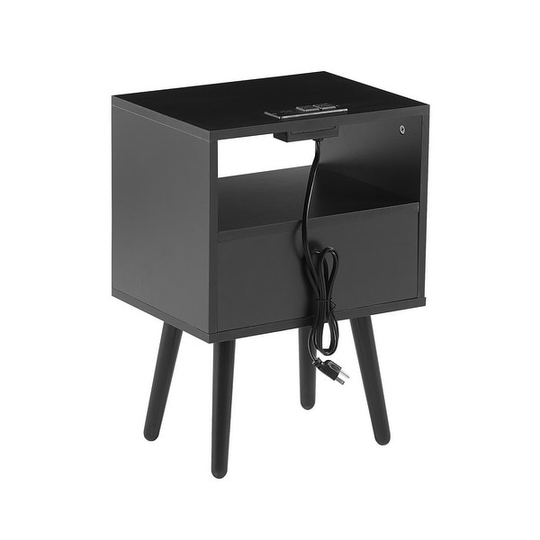 Modern Side table with Drawer and Solid Wood Legs,Rattan Nightstand with Power Outlet and USB Ports