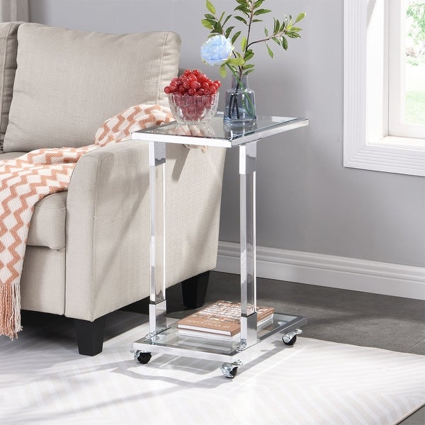 Glass Top C Shape Side Table with Wheels Acrylic Plant End Table for Living Room,Bedroom,Small Spaces