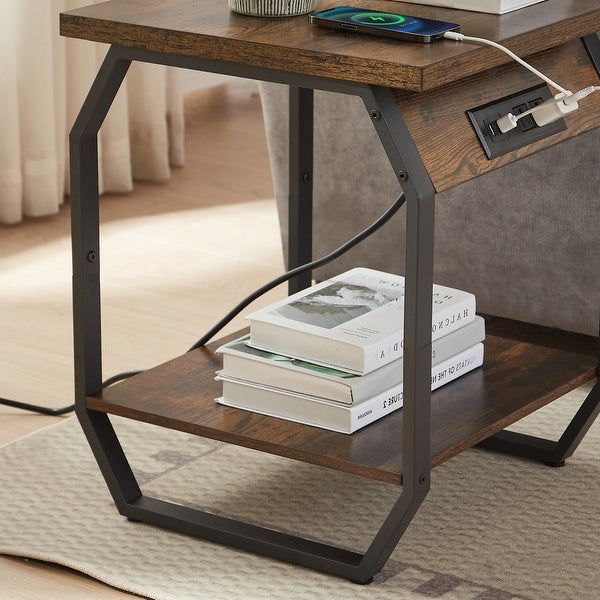Set of 2 Side Tables with Charging Station, End Tables with USB Ports and Sockets, Bedside Tables for Living Room, Bedroom