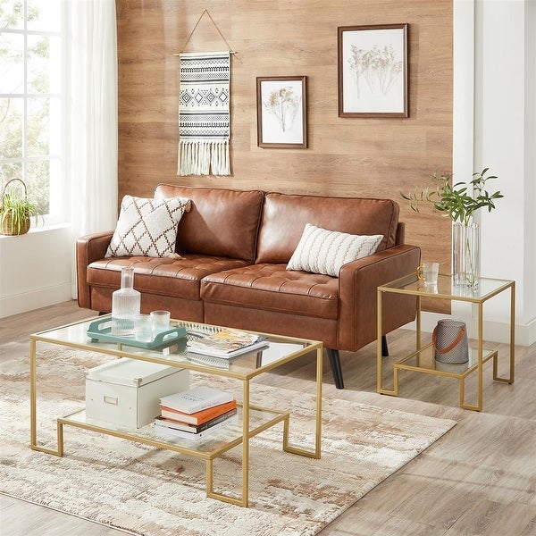 Side Table, End Table, Nightstand, Glass Shelves, Steel Frame, for Living Room Bedroom, 19.7 x 19.7 x 19.7 Inches, Golden