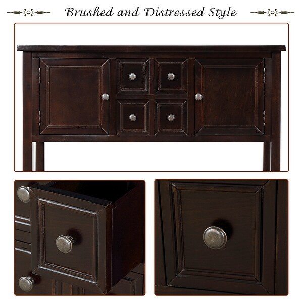 Wooden Console Table with 4 Storage Drawers and 2 Cabinets, Sofa Table with Bottom Shelf and Solid Wood Legs, Espresso