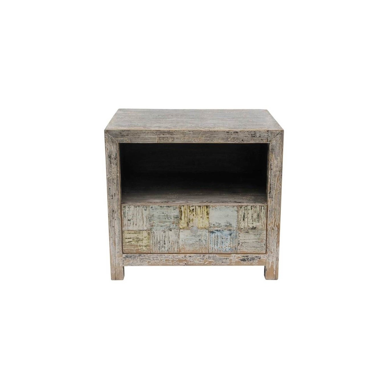 Artissance Reclaimed Wood Shandong Checkerboard Side Table, 24 Inch Tall, Weathered Gray Wash