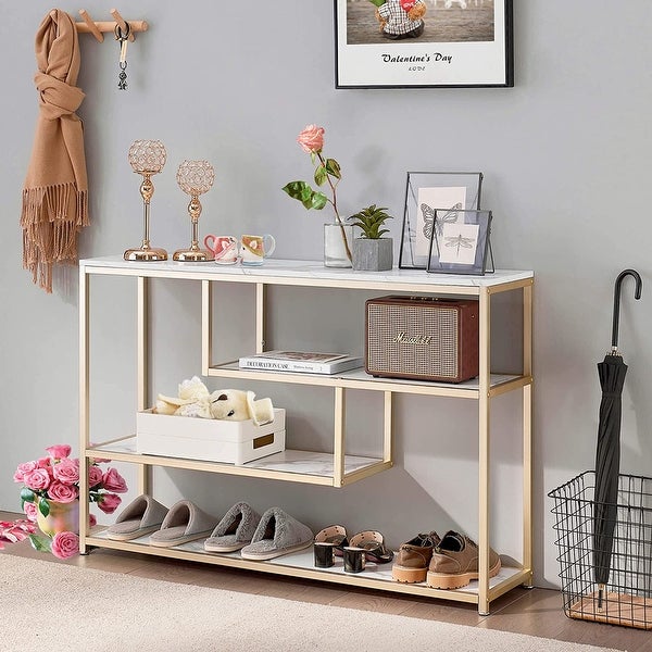 ivinta 3-Tier Console Table White Entryway Table with Shelves, Gold Sofa Tables for Living Room