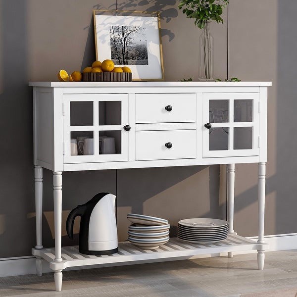 Farmhouse Distressed Sideboard Buffet Console Table with 2 Glass Front Cabinets, 2 Drawers and Slatted Bottom Shelf