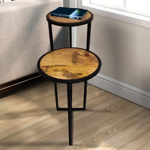 Two Tier Round Wooden Side Table with Metal Frame, Brown and Brass - 13 L X 20 W X 26 H Inches