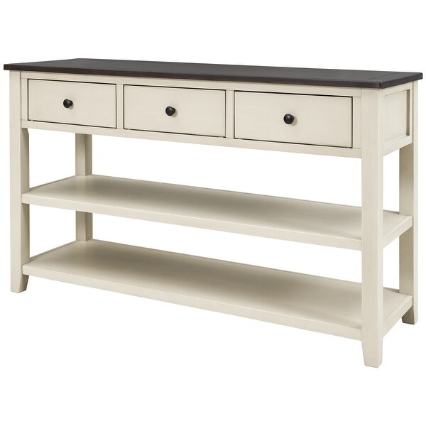 Retro Design Console Table with Two Open Shelves, Pine Solid Wood Frame and Legs