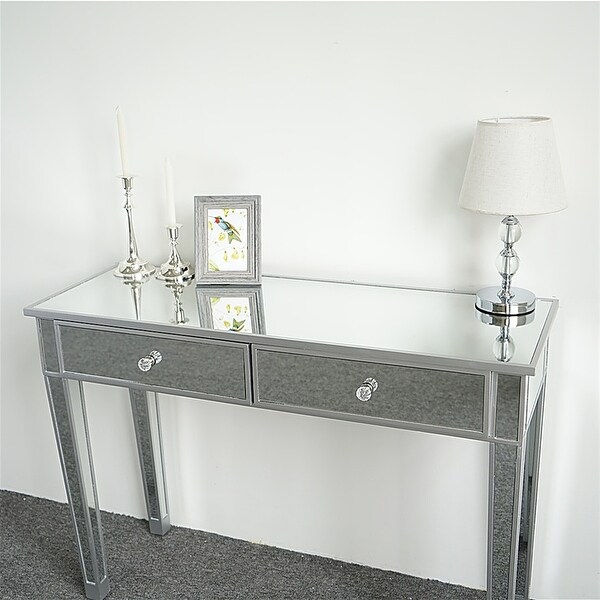 Mirrored 2-Drawer Media Console Table, Makeup Table Desk Vanity for Women Home Office Writing Desk Smooth Matte Silver Finish