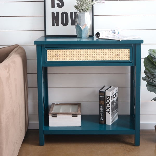 Kinbor Wood Console Table with Rattan Drawer and Bottom Shelf, Modern Sofa Table Entry Hallway Table for Living Room Bedroom