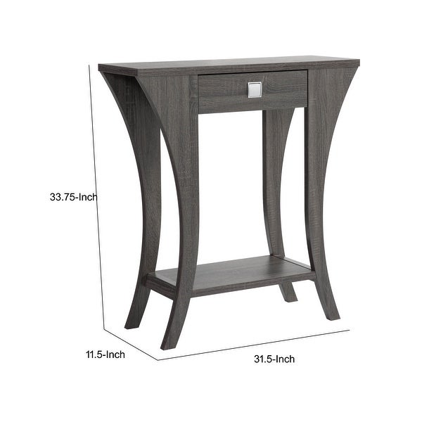 34 Inch Console Table with Drawer and Shelf, Curved Legs, Distressed Gray