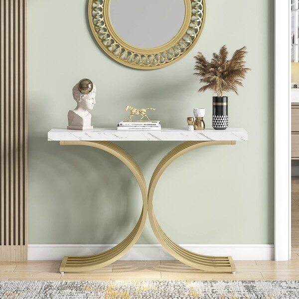 X-Base Gold Console Table, Narrow Sofa Accent Table with Marble Top for entrance, Hallway - 43'' L x 11.8'' D x 32”H