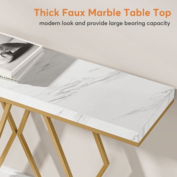 55 Inch Gold Console Table, Modern Entryway Sofa Table with Fuax Marble Finish