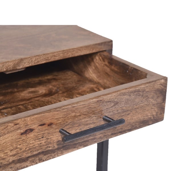 Mango Wood Side Table with Drawer and Cantilever Iron Base