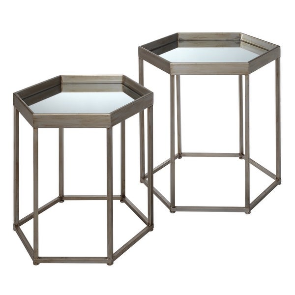 Side Table with Mirror Top and Metal Frame, Set of 2, Gray