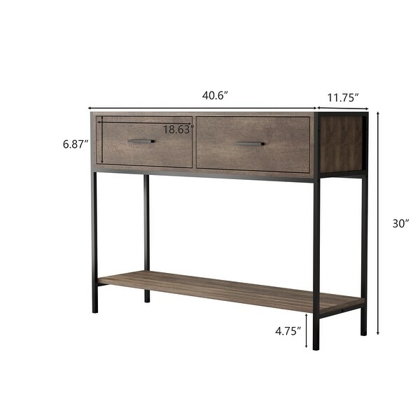 Classic Console Table with Two Top Drawers and Open Shelf, Vintage Storage with Sturdy Metal Frame.