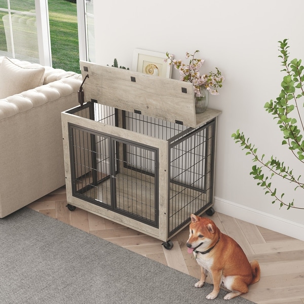 Industrial Wooden Iron Dog Crate, Dog Kennels with 3 Doors and Wheels, Pet Crate Side End Table for Medium and Small Dog