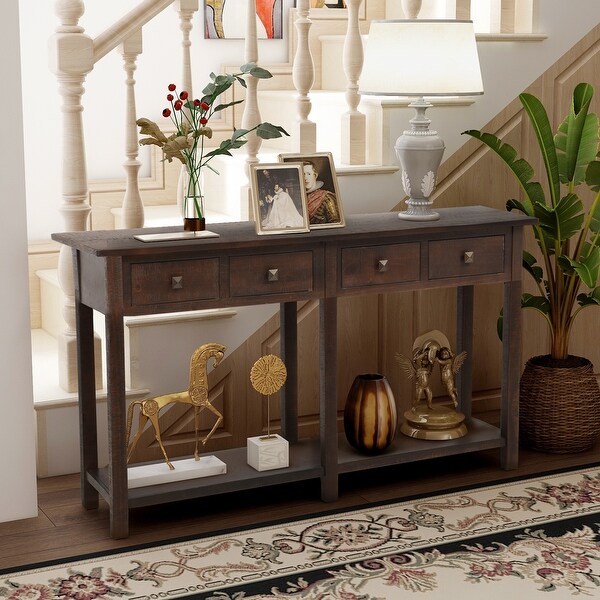 Rustic Brushed Texture Console Table with 4 Drawers and a Open Bottom Shelf, Classic Wood Entryway Table for Living Room, Entryway
