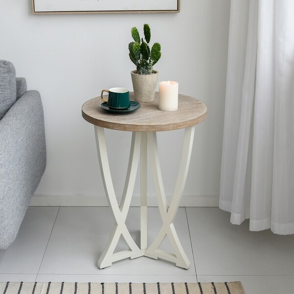 Farmhouse Round End Table, Rustic Wood Side Table for Living Room/Bedroom, White/Natural
