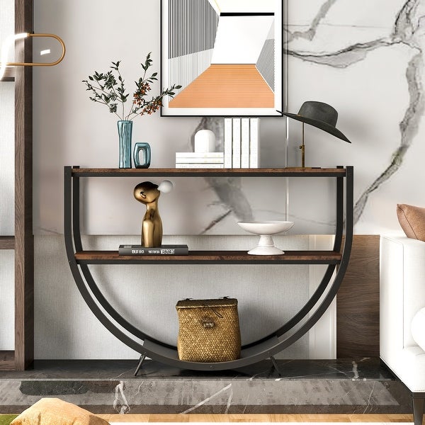 Rustic Industrial Demilune Shape Console Table Textured Metal Distressed Wood End Sofa Table with 2-Tier Shelf, Brown