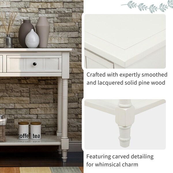 Vintage Console Table w/2 Drawers and Shelf,Pine Wood Frame(Ivory White)