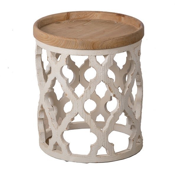 23 Inch Side Table, Vintage Wood Cutout Design, Round Top, Brown, Cream