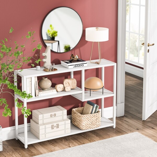 Console Table, 43 Inch Small White Entryway table with Storage Shelves