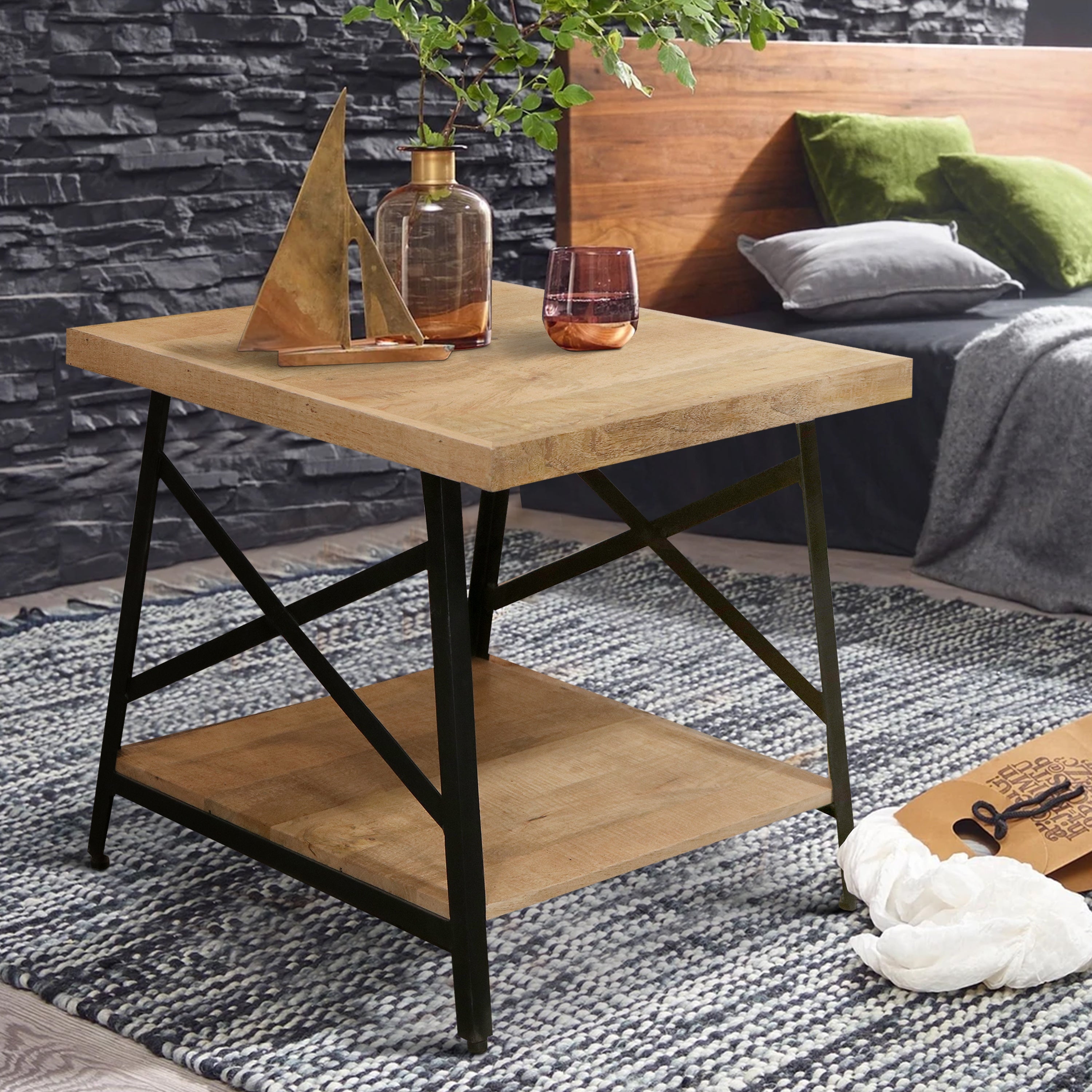 Rectangle Side Table with Open Bottom Shelf and Metal Legs, Brown and Gray