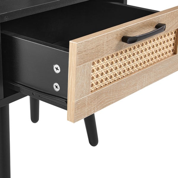Modern Rattan Side table/Nightstand with 1 Shelf,1 drawer and 4 Solid Wood Legs