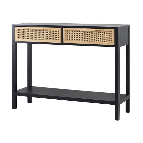 Dana 39 Inch Sofa Console Table, 2 Rattan Drawers, Black Finish, Brown